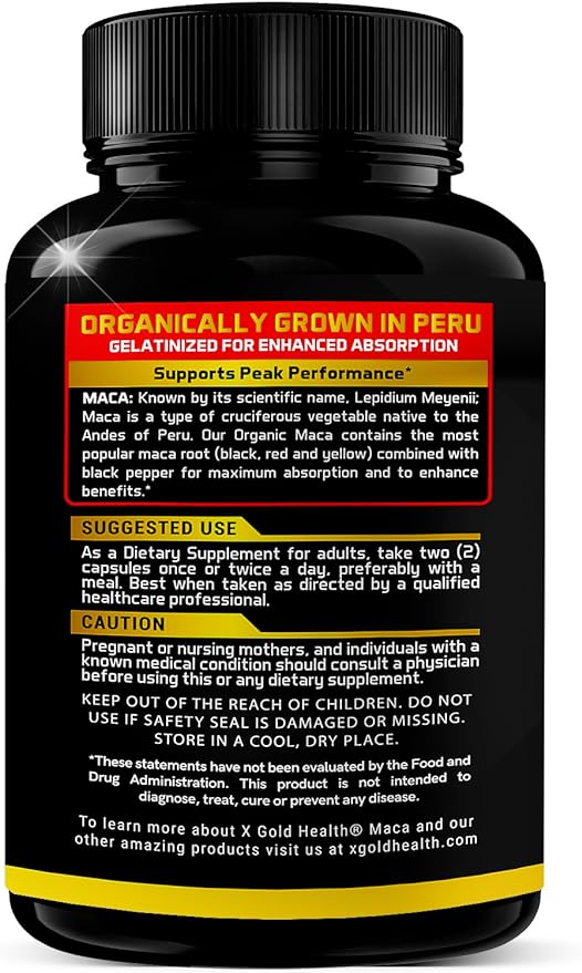 X Gold Health Organic Maca Root Powder Capsules 1500mg with Black | Red & Yellow Peruvian Maca Root Extract Gelatinized, Energy & Mood Supplement for Men & Women + Black Pepper for Best Benefits