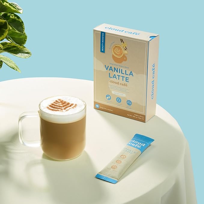 Collagen Infused Vanilla Latte Instant Coffee Packets - Hyalruonic Acid, Multivitamin Powder, & Marine Collagen Single Serve Instant Coffee (10 Sachets)