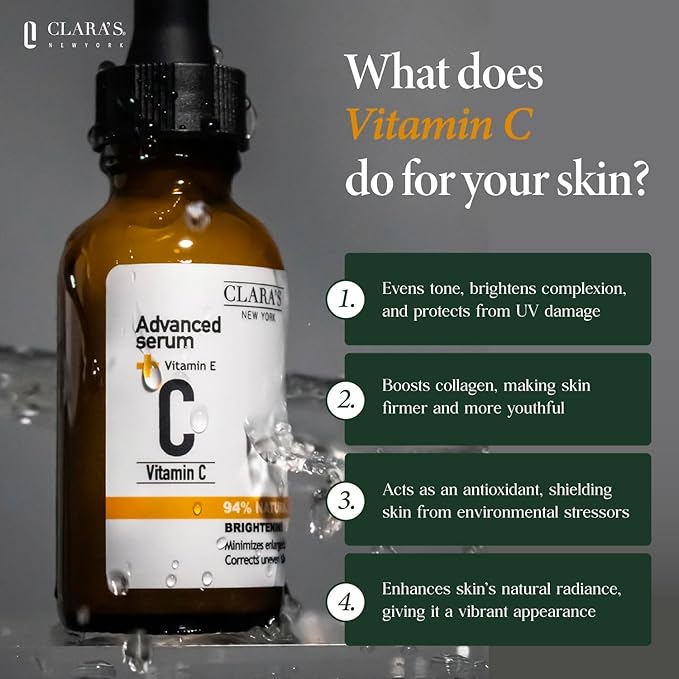 CLARA'S NEW YORK Advanced Vitamin C 94% Natural Glowing Formular Face Skin Serum - Made in USA 30ml (1Fl/Oz) (Advanced Vitamin C)