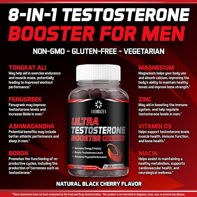 8in1 Testosterone Booster for Men with Tongkat Ali, Fenugreek, Ashwagandha and Magnesium - Improve Libido & Hormonal Balance, Non GMO Made in the USA, Black Cherry, 120 Count Gummies for Men