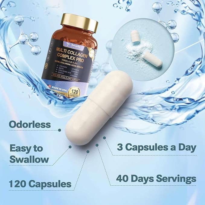 18-in-1 Collagen Pro with Hyaluronic Aicd, Keratin, Biotin, VIT A C & E for Skin, Hair, Nails, Joint & Beauty - Multi Collagen Peptides Capsules with Type I II III V & X for Women & Men - 120 Caps