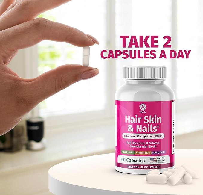 1 Body Hair Skin and Nails Vitamins with Biotin – Contains 26 Vitamins, Minerals and Herb Extracts – Hair and Nail Growth, Glowing Skin Supplements Formula for Men and Women – 60 Vegan Capsules
