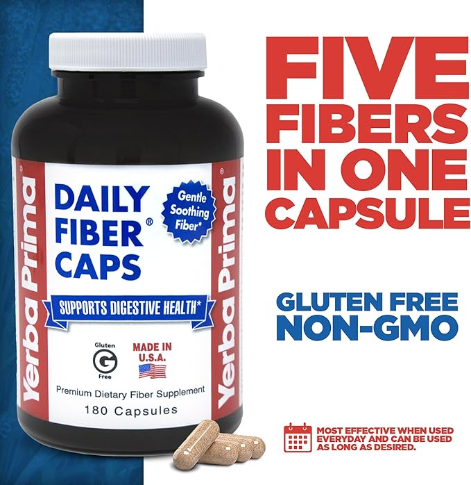 Yerba Prima Daily Fiber Formula - 180 caps (Pack of 2) - Soluble & Insoluble Dietary Fiber Supplement - Colon Cleanse - Gut Health - Vegan, Non-GMO, Gluten-Free