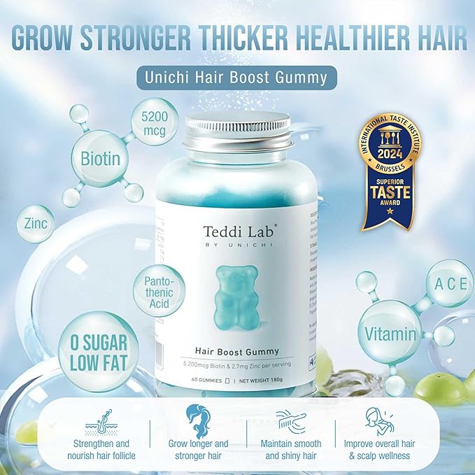 Unichi Hair Boost Gummy 3-Pack, 5200mcg Biotin Formulated with Zinc, Pantothenic Acid and Vitamin A, C, E for Stronger and Thicker Hair, Great Tasting with Sea Salt & Green Grape Flavour, 180 Count