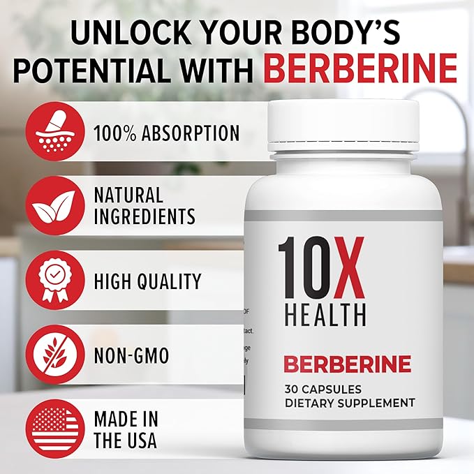 10X Health Berberine Supplement 500mg - Contains Dihydroberberine Supplement for Better Absorption - Supports Cardiovascular & Gut Health Supplements for Women & Men - 30 Capsules