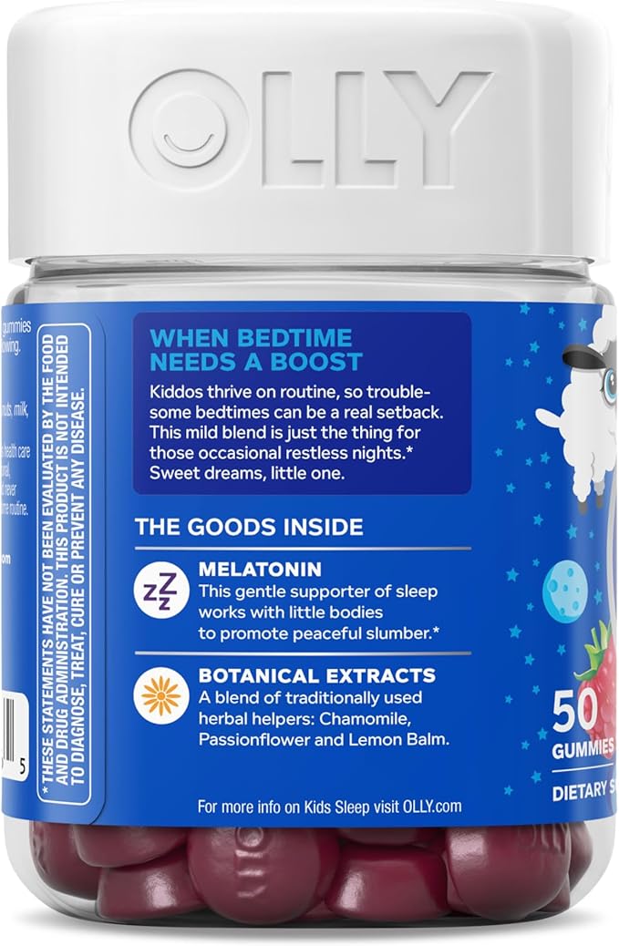 OLLY Kids Sleep Gummy, Occasional Sleep Support, 0.5mg Melatonin, L Theanine, Chamomile, and Lemon Balm, Childrens Chewable Supplement, Raspberry - 50 Count