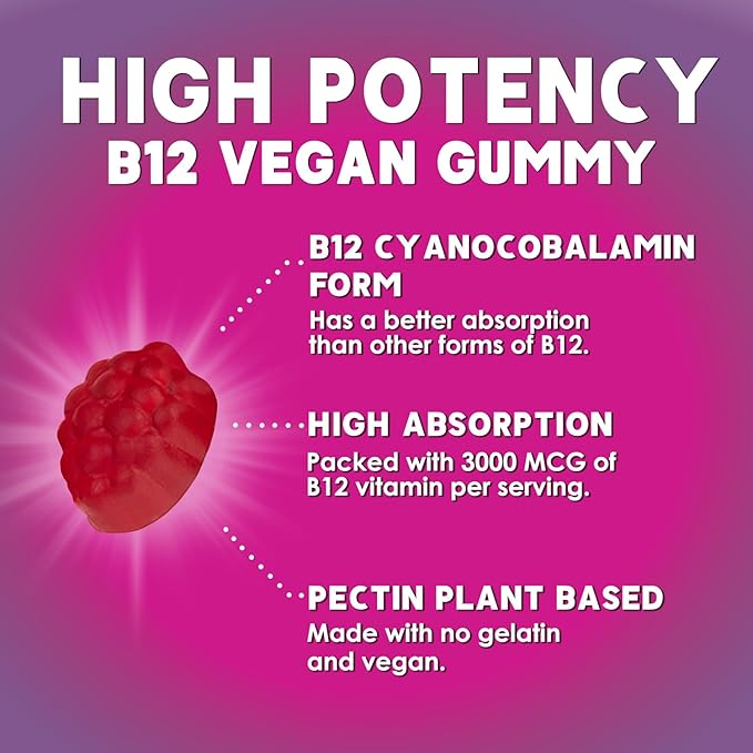 B12 Gummies, Extra Strength Energy 3000 mcg Vitamin B12, B-12 Energy Metabolism & Immune System Support, Chewable Supplement for Adults & Kids, Caffeine Free, Berry Flavored Gummy, Vegan - 60 Count