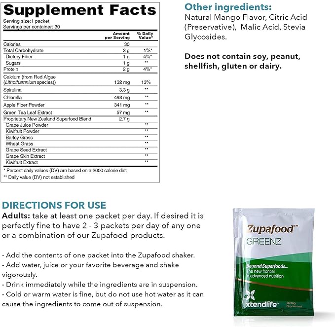 Xtendlife Zupafood GREENZ Powder - Organic Greens Powder Superfood Detox Juice Mix with Spirulina/Wheatgrass for Gut Health, Natural Detoxification & Strong Immunity | 30 Packs (Vegan & Gluten Free)