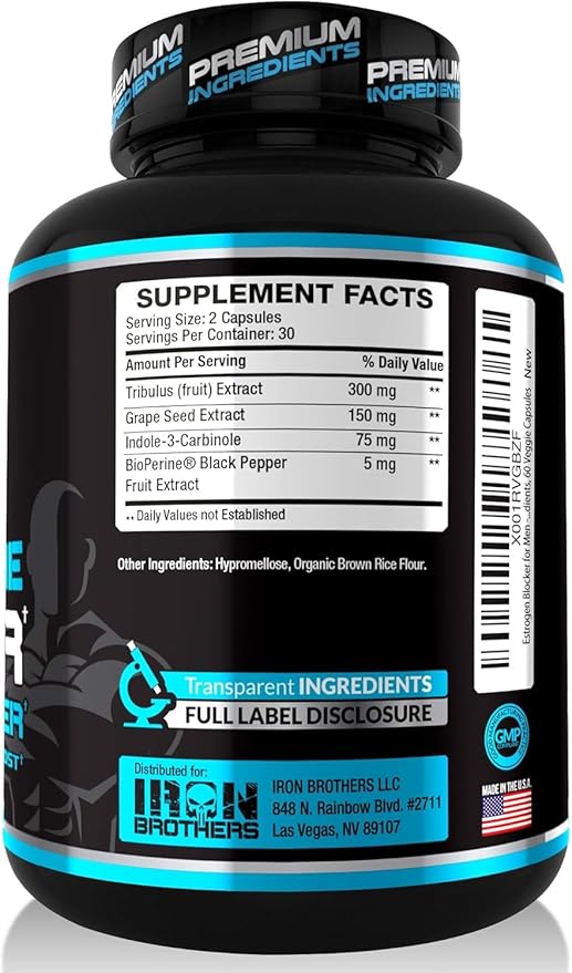 Testosterone Booster for Men with Estrogen Blocker - Natural Anti-Estrogen Supplement to Increase Libido & Strength - Boost Muscle Growth & Weight Loss - Indole 3 Carbinol & Tribulus -60 Capsules
