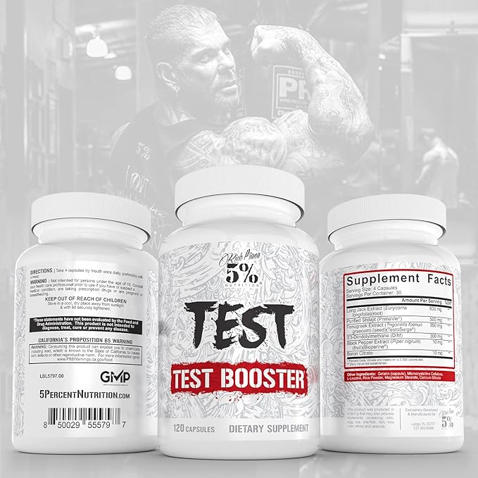 5% Nutrition Rich Piana Test | Natural Testosterone Booster for Men | Muscle Builder, Male Vitality, Energy & Stamina | Tongkat Ali (Longjack), Shilajit, Fenugreek, DIM, Boron | 120 Capsules