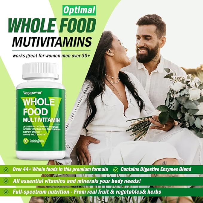 Whole Food Multivitamin for Men Women - with 65+ Vitamins, Minerals, Organic Nature Powder & Extracts - Whole Food Supplement for Energy, GUT, immune Health - All Natural, Non-GMO 90 Vegan Tablets