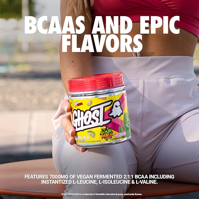 GHOST BCAA Powder Amino Acids Supplement, Sour Patch Kids Redberry - 30 Servings - Sugar-Free Intra, Post & Pre Workout Amino Powder & Recovery Drink, 7G BCAA