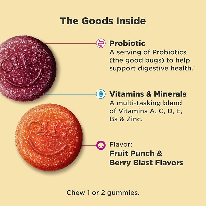 OLLY Kids Multivitamin & Probiotic Gummy, Digestive Support, Vitamins A, D, C, E, B, Zinc, Chewable Supplement, Berry Flavor, 60 day supply - 120 Count