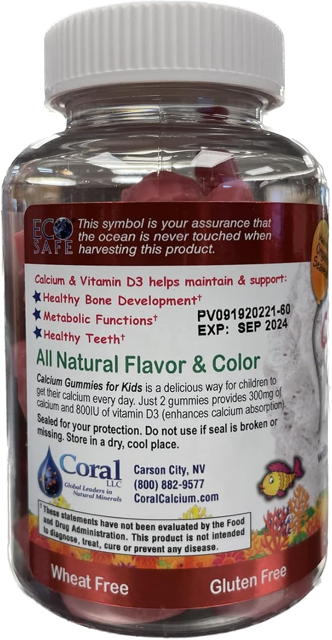 Coral Calcium Vitamin D3 Kids Gummy, Natural Cherry Flavor, Non GMO, Gluten-Free, Dairy-Free, Soy-Free and Gelatin Free - 300 mg of Calcium, and 800 IU of Vitamin D3-60 Gummies (4 Pack)