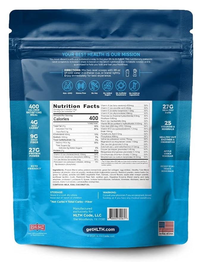 HLTH Code Complete Meal Replacement Shake - Healthiest Meal Replacement = Healthiest You | Keto Friendly | High Protein | Low Carb | Collagen | Gluten Free | Creamy Vanilla Flavor (15 servings)