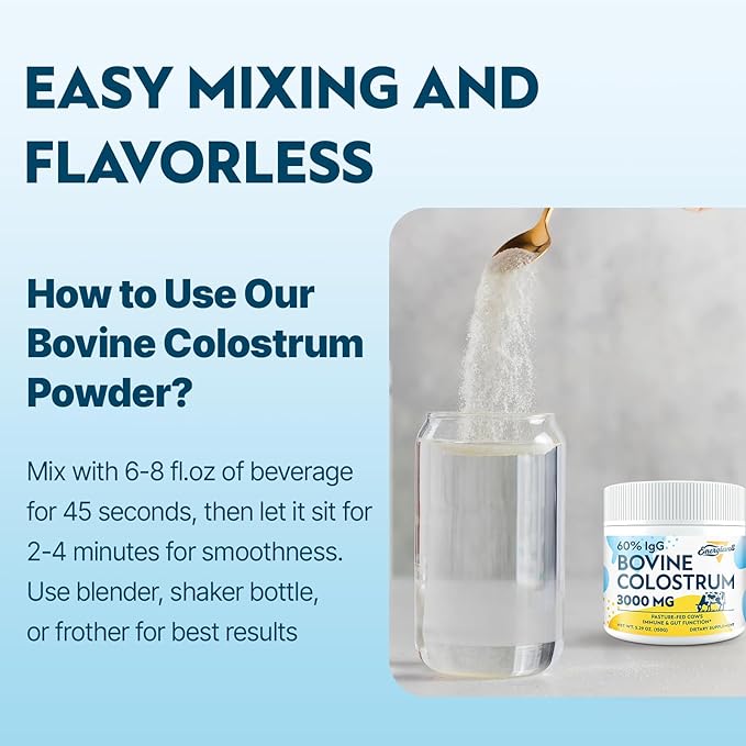 Bovine Colostrum Supplement Powder - 60% IgG 3000 mg for Gut, Hair Growth, Beauty, and Immune, Easy to Mix, Unflavored (50 Servings)