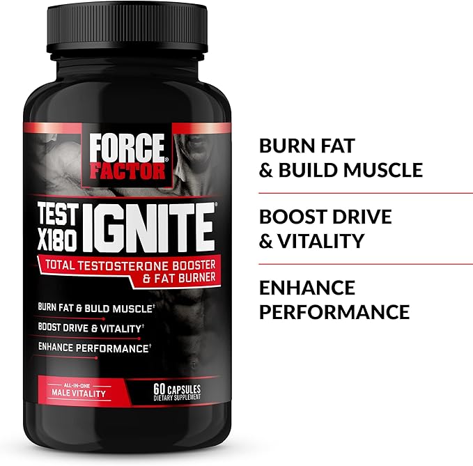 FORCE FACTOR Test X180 Ignite, Testosterone Booster & Fat Burner for Men, Testosterone Supplement to Help Build Muscle, Increase Energy, and Boost Vitality and Performance, 60 Count (Pack of 3)