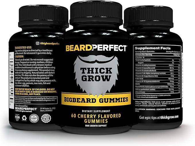 THICKGROW BIGBEARD Gummies - Get a Stronger, Longer, Thicker Beard Growth Formula for Men with Biotin, B12, and 10+ Elite Beard-Building Vitamins Nutrients 60 Cherry Flavored Gummies!