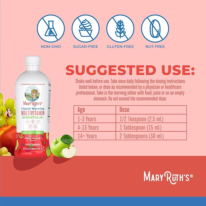 MaryRuth's Multivitamin for Women Men & Kids | Sugar Free | Vegan | Vitamin A, C, D, E, B12, Zinc | Daily vitamins for Kids, Mens, Womens Multivitamin | Energy & Beauty Booster Multimineral | 32 Fl Oz