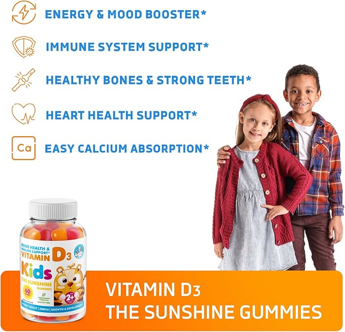 Vitamin D3 Gummies for Kids & Adults 2000 IU - High-Absorption Natural Vitamin D Kids Gummies Supplements 1000IU - Vegetarian Gelatin-Free Immune Support D3 Gummies for Adults & Children (60 Count)