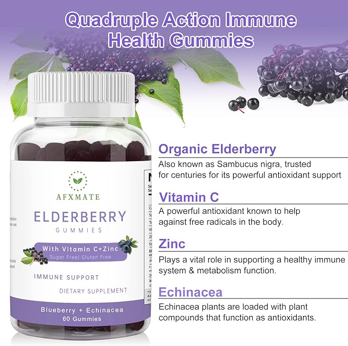 AFXMATE Sambucus Elderberry Gummies, Black Elderberry Gummy with Zinc and Vitamin C for Adults, Sugar Free Kids Multivitamin Gummies, Immune Support* Supplement, 120 Gummies (2 Pack)