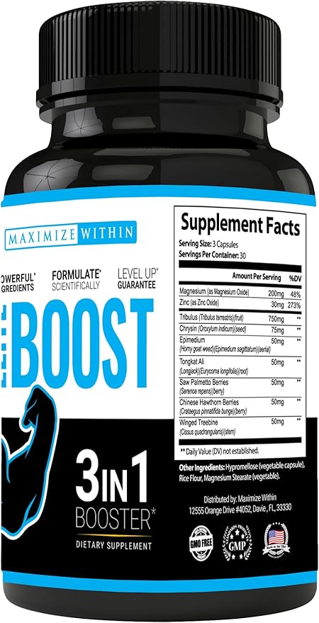 Maximum Slim Elite Boost 3 in 1 Formula Naturally Promotes Testosterone Libido, Energy,Muscle Mass & Stamina, Powerful Ingredients Veggie Capsules