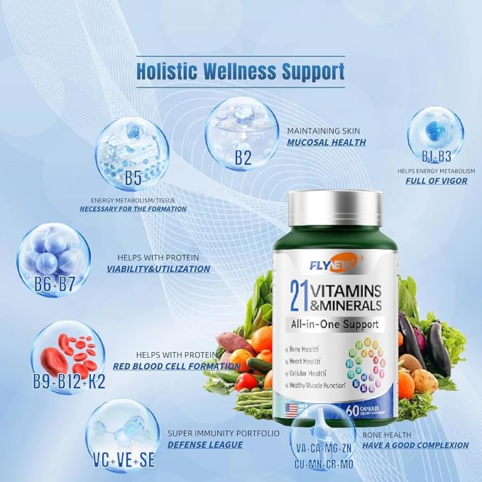 21 Vitamins &Minerals, All-in-One Support, Magnesium for Women and Men Made in USA, Vitamin A, Vitamin C, Vitamin K2, Vitamin D3, Vitamin E, Vitamin B12, B6, Folate, Biotin, 60 Capsules