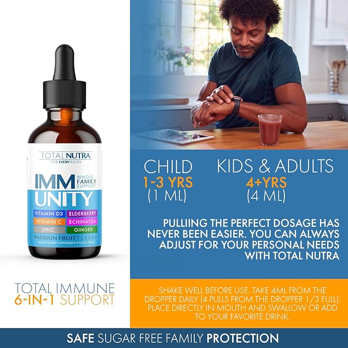 6-in-1 Liquid Multivitamin Supplement | 100% Daily Zinc, Vitamin D3 and Vitamin C Immunity Drops | Elderberry, Echinacea & Ginger Defense Support for Adults & Kids (Passion Fruit, 4oz-4pk)