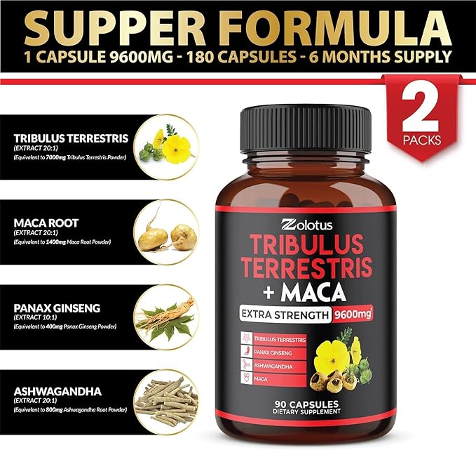 Zolotus 2 Packs Premium Tribulus Terrestris + Maca, 6 Months Supply with Ashwagndha, Ginseng, Boost Energy, Mood, Stamina & Performance, for Men & Women