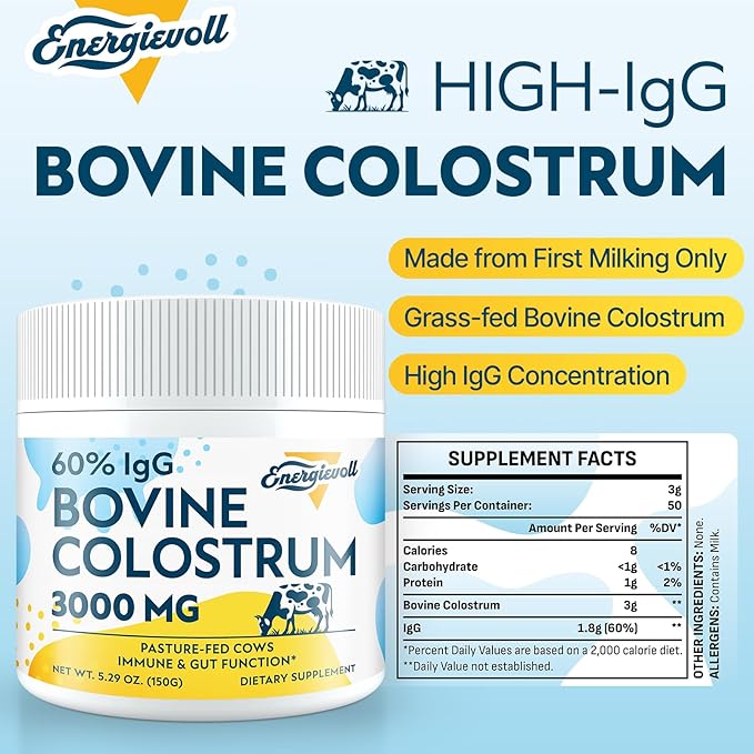 Bovine Colostrum Supplement Powder - 60% IgG 3000 mg for Gut, Hair Growth, Beauty, and Immune, Easy to Mix, Unflavored (50 Servings)