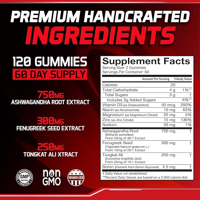 8in1 Testosterone Booster for Men with Tongkat Ali, Fenugreek, Ashwagandha and Magnesium - Improve Libido & Hormonal Balance, Non GMO Made in the USA, Black Cherry, 120 Count Gummies for Men