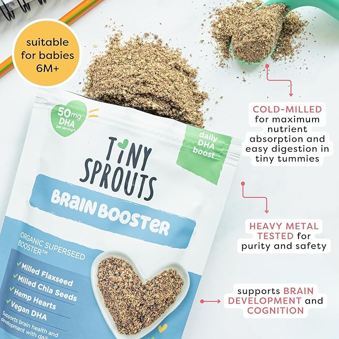 Superseed Organic Milled Chia, Flaxseed and Hemp Heart Brain Booster with Vegan Omega-3 DHA S Prebiotic Fiber Protein Gluten Free Seeds for 6M+ Babies Toddlers & Kids (7oz x 2 Pack)