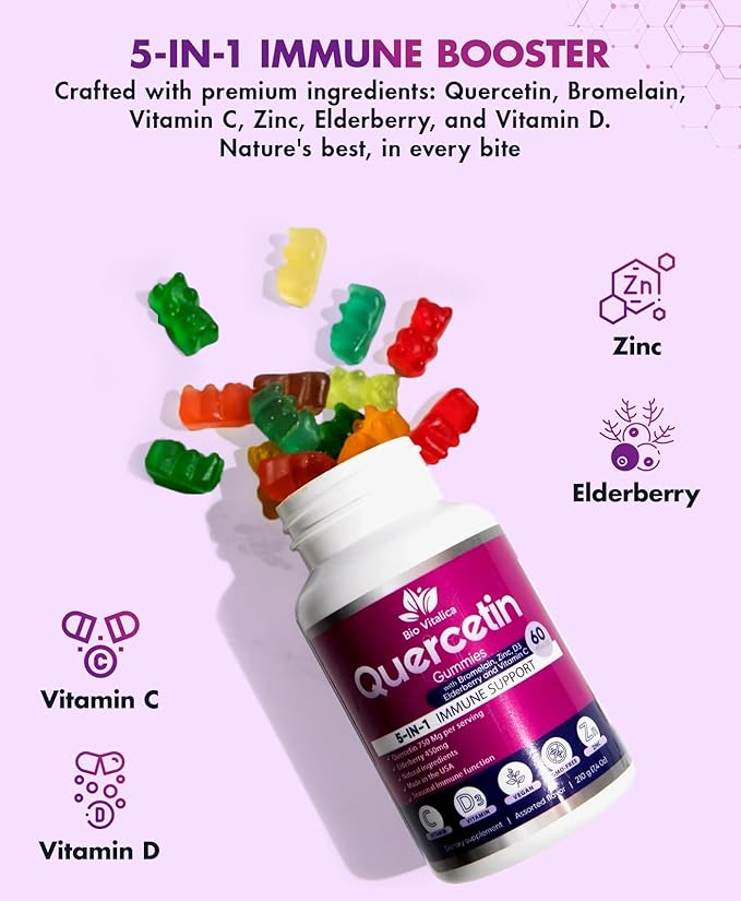 BIO VITALICA (3 Pack) Quercetin Gummies by BioVitalica - Quercetin with Bromelain Vitamin C and Zinc & Elderberry + Vitamin D3-5 in 1 Immune Support - Zinc Quercetin 750 mg for Kids and Adults