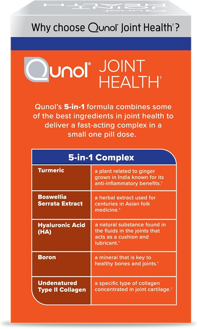 Qunol 5-in-1 Joint Support Supplement, Fast Acting, One Pill Dose, Support Healthy Inflammation Response & Discomfort Caused by Overuse of Joints, Alternative to Glucosamine Chondroitin MSM, 45 Count