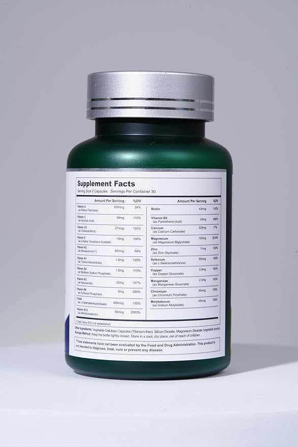 21 Vitamins &Minerals, All-in-One Support, Magnesium for Women and Men Made in USA, Vitamin A, Vitamin C, Vitamin K2, Vitamin D3, Vitamin E, Vitamin B12, B6, Folate, Biotin, 60 Capsules