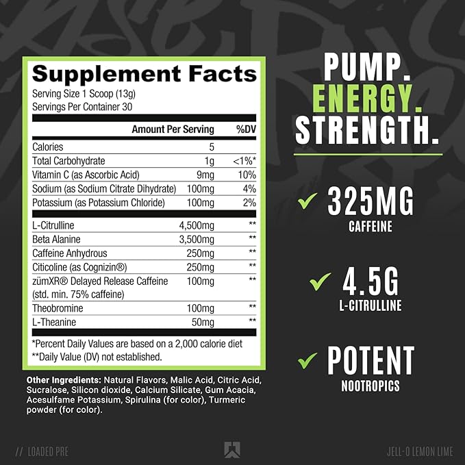 Ryse Loaded Pre Workout Powder Supplement for Men & Women | Pumps, Energy, Focus | Beta Alanine + Citrulline | 325mg Caffeine | 30 Servings (Jell-O Lemon Lime)