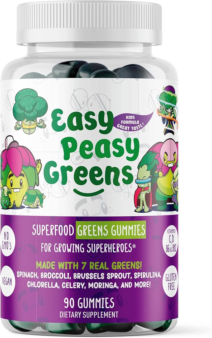 EasyPeasyGreens Daily Veggie Gummies for Kids - 90 Greens Gummies - Helps Picky Eaters Get Their Veggies in - Made with 10 Real Vegetable Extracts and 100% Vegan