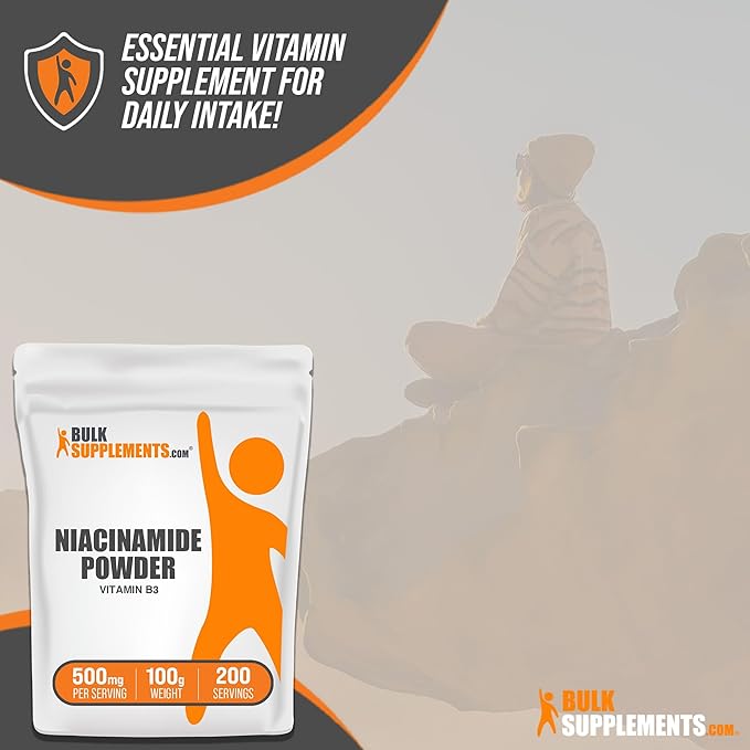 BulkSupplements.com Niacinamide Powder - Vitamin B3 Powder, Niacinamide Supplement, Niacinamide 500mg - B3 Vitamins for Skin, Gluten Free, 500mg per Serving, 100g (3.5 oz) (Pack of 1)