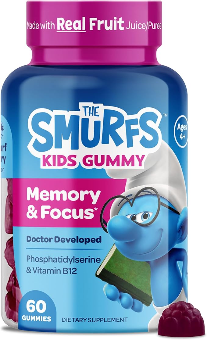 The Smurfs Nootropic Gummies for Kids with Vitamin B12 & L-Theanine | Laser Focus Gummies for Focus and Memory Supplements | Made with Real Fruit in a Smurf Berry | Doctor Developed | 60 Vegan Gummies