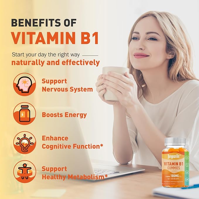 Vitamin B1 Gummies 100mg for Adults & Kids, Thiamine B1 Supplement with 600mg Calcium, Nervous System Supports & Boost Energy, Orange Flavor, Non GMO, Vegan, 60 Chewable Gummies