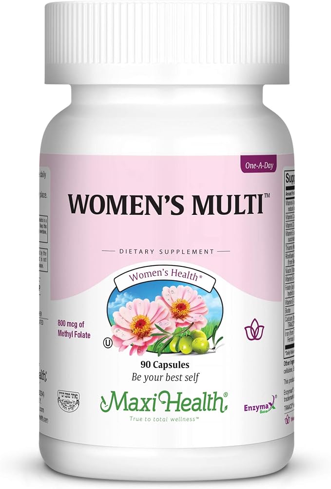 Maxi Health Women's Daily Multivitamin Biotin, Vitamins A B C D E, Calcium, Zinc, Lutein, Magnesium, Folate and More. Supports Gut Health for Women. Natural, Non-GMO, Gluten Free & Dairy Free Kosher