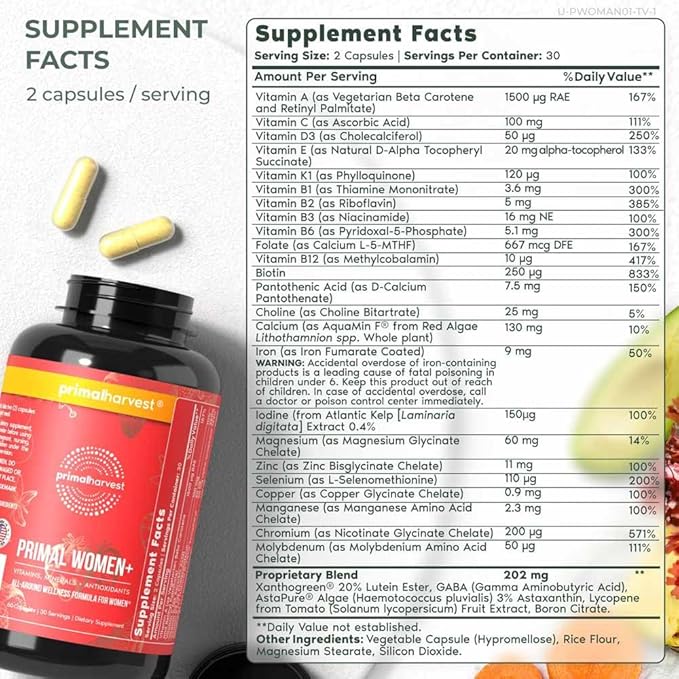 Primal Harvest Multivitamin for Women Vitamin A, Vitamin C, Vitamin D and E, Vitamin B12, B6, Biotin, Zinc Supplements, 30 Capsules (Womens 2 Pack)