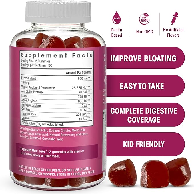Digestive Enzymes Chewable Gummies for Kids and Adults: Helps Food Intolerance, Bloat, and to Digest Dairy, Carbs, Veggies, Protein, Fruit -Amylase Protease Lipase Lactase- Vegan Gummies. 60 Count