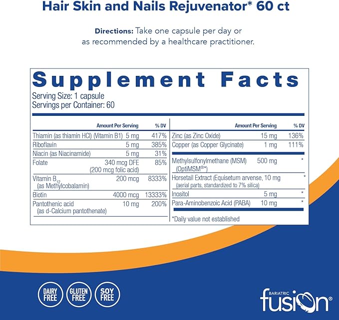 Bariatric Fusion ONE Per Day Bariatric Hair, Skin & Nails REJUVENATOR | Includes Biotin, B12, and B1 | 120 Count