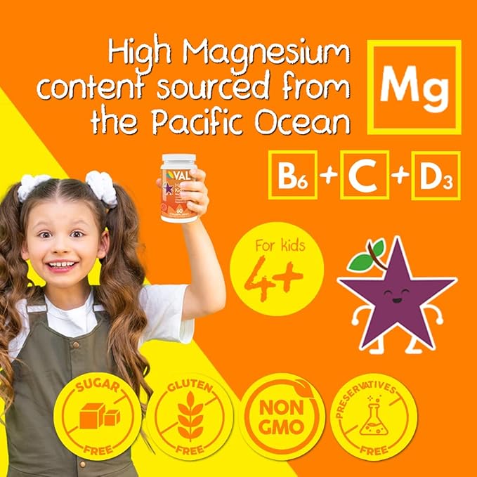 VAL Chewable Magnesium for Kids, Relaxation and Calm Formula, Glycinate, Citrate, Taurate, Vitamin B6, D, C, Natural Star Grape Flavor, Sugar Free, Gluten Free, Non-GMO, 60 Chewable Tablets