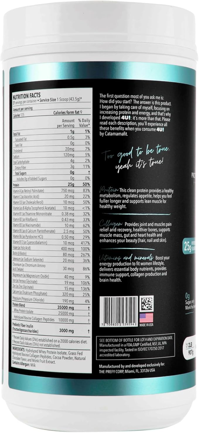 4U! Chocolate Protein Powder, 25g Hydrolyzed Whey Isolate, 10g Hydrolyzed Collagen, 19 Vitamins & Minerals, No Sugar, Gluten Free, 2 lbs (907g)