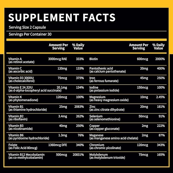 BN Caps - Multivitamin Capsule with 22 Essential Nutrients: Vitamins A, B-6, B-12, C, D3, E, K, Biotin, Iron & Zinc, Supports Men & Women Overall Health, 120 Capsules, 120 Days Supply (2 Pack)