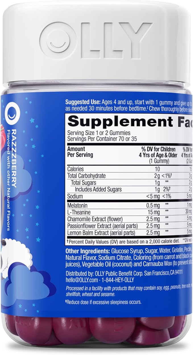 OLLY Kids Sleep Gummies, 0.5mg Melatonin, L Theanine, Chamomile, and Lemon Balm, Fall Asleep Faster, Raspberry - 70 Count
