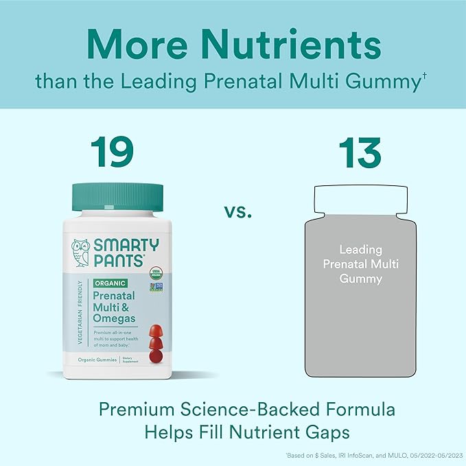 SmartyPants Organic Prenatal Vitamins for Women, Multivitamin Gummies: Probiotics, Biotin, Methylfolate, Omega 3 (ALA), Vitamin D3, C, Vitamin B12, B6, Vitamin A, K2 & Zinc, 120 Count (30 Day Supply)