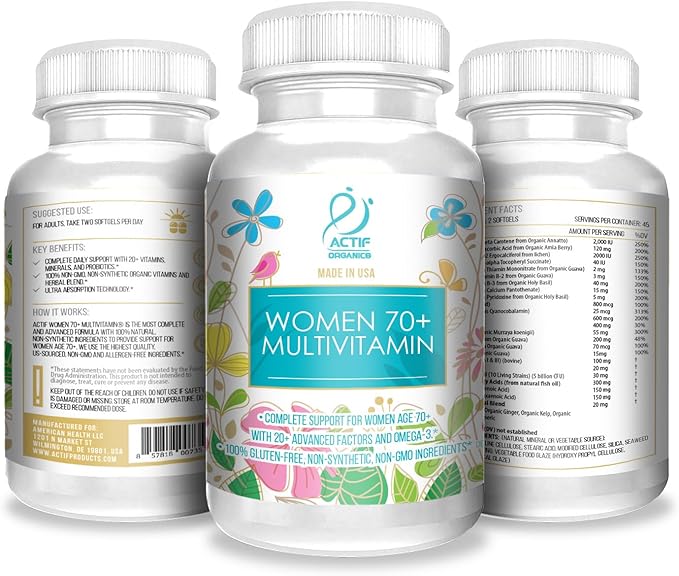 ACTIF Organic Multivitamin for Women Age 70+ with 20+ Advanced Factors and Omega-3, Non-GMO, Made in USA, 90 Count